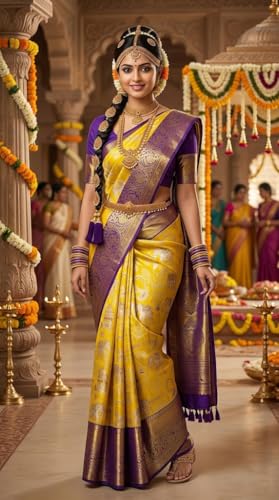 VFCollections Women's Traditional Handloom Kanchipuram Silk Pure Pattu Sarees – Butterfly Butta & Flowers Border | Rich Zari Woven Design | Bridal Saree | Unstitched Blouse (VFC696-3)