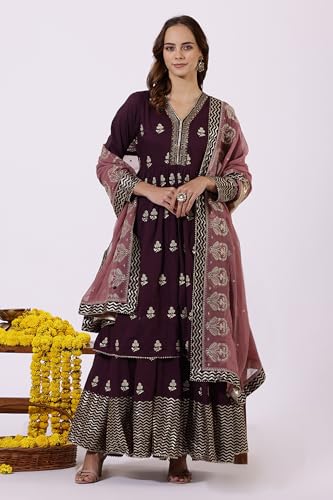 Wishful Purple Pure Cotton Flared Dress & Dupatta for Women (Size: 3XL)-24AUSP11997-400749
