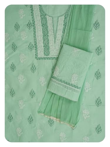 Ada Hand Embroidered Lucknowi Chikankari Unstitched Cotton Dress Material Suit Piece with Dupatta for Women 01A873268 Sea Green