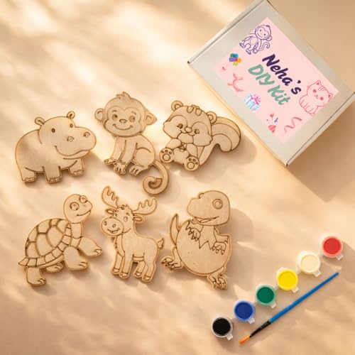 Half Engineer Gifts - HE DIY Wooden Animal Painting Kit with Personalised Box for Kids | 6 Cute MDF Animal Cutouts 5mm Thick with Colors, Brushes, Palette & Magnets | Art & Craft Activity Toy