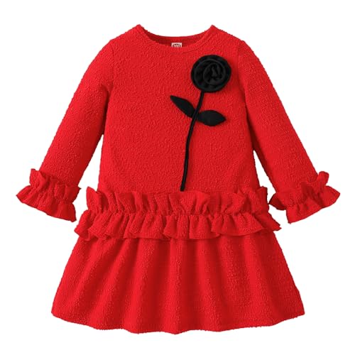 Hopscotch Girls Red Full Sleeves Floral Applique Drop Waist Dress for Age (3-4 Years)