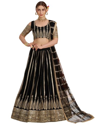 Zeel Clothing Women's Cotton Thread Sequins Work Embroidery Soft Net Lehenga Choli With Dupatta (NFH-2149-Black-Women-Lehenga-Choli; Free size) (Black)