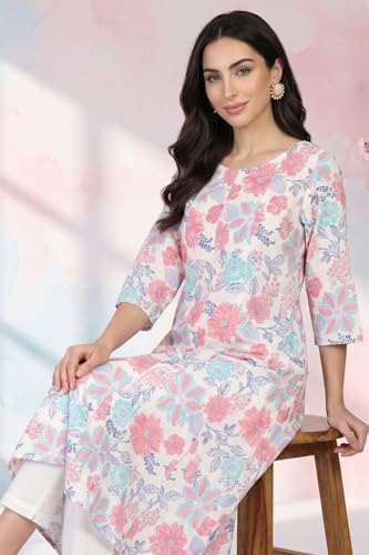 W for Woman White Floral Printed Pure Cotton Flared Kurta with Trousers Set - (WS14520K-128160-XS)