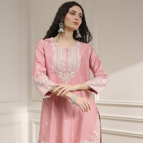 BIBA Women Light Pink Cotton Silk Embroidered Straight Suit Set_40