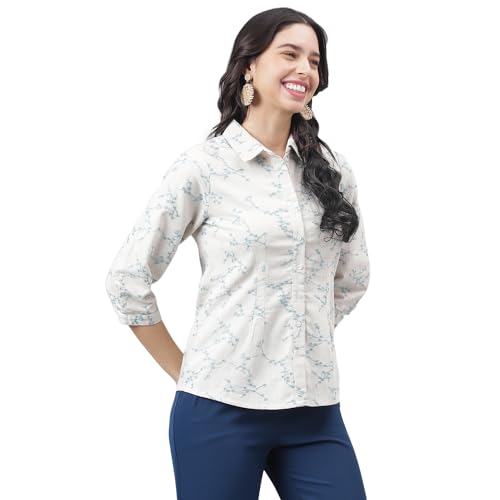Latin Quarters Women Blue 3/4 Sleeve Shirt Collar Floral Top_XXXL