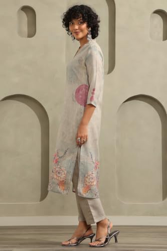 Soch Womens Grey Linen Botanical Printed Kurta Set