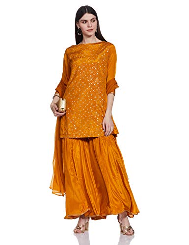 BIBA WOMEN EMBROIDERY FLARED SALWAR KURTA DUPATTA(SKDEMBROIDE6814_OCHRE_34)