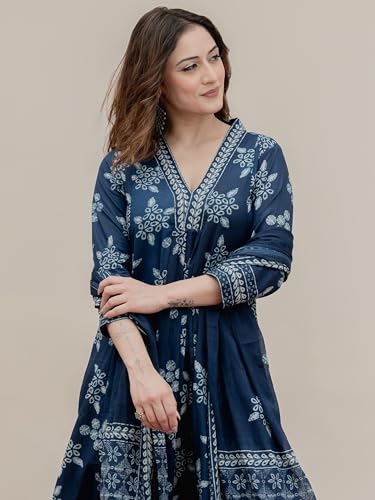 Arayna Women’s Pure Cotton Handblock Ethnic Printed Kurta Set with Pants & Dupatta - Indigo Blue, Small