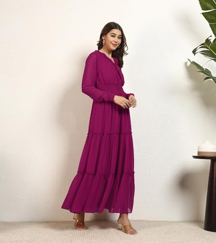 DEEBACO Women's Georgette Dobby Smocking Tiered Maxi Dress|Sleeveless|V-Neck Frill|Casual Trending Fashion Long One Piece Dresses Women Western(DBDR00002281_XL_Magenta)