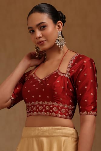 Soch Womens Maroon Tussar Embroidered Padded Blouse with Zari