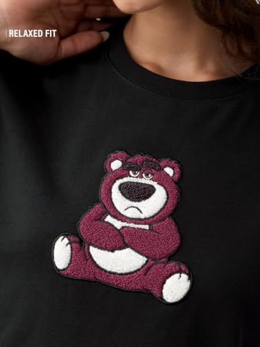 The Souled Store Lotso: So Grumpy Women and Girls Short Sleeves Round Neck Black Embroidered Cotton Relaxed Fit Lightweight Everyday Comfortable T-Shirts