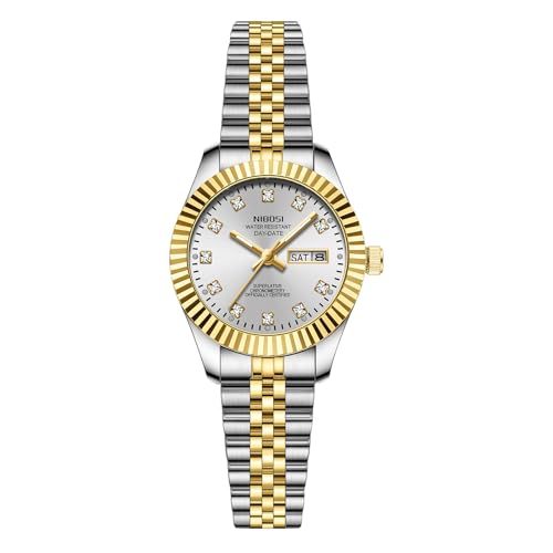 NIBOSI Watches for Woman Analog Quartz Stainless Steel Diamond Rose Gold Green Small Dial Women Watches Classic Wrist Watch Date Waterproof (A02-Gold Silver White)