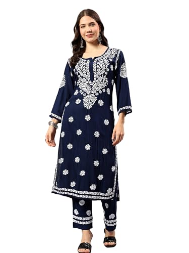 Seva Chikan Hand Embroidered Lucknowi Chikankari Navy Blue Rayon Kurta & Palazzo Set for Women (8108_Navy Blue_XS)