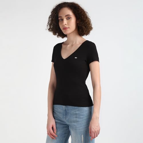 Tommy Hilfiger Black Textured V-Neck Half Sleeve T-Shirt