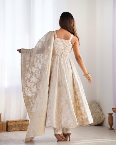 Leeli Peeri Designer Banarasi Jacquard Silk Zari Woven Work Anarkali Kurta Set With Dupatta.