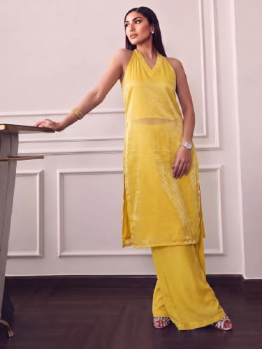 Varanga Women Yellow Kurta Trousers Set V Neck Sleeveless Silk Blend