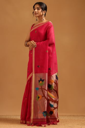 Soch Womens Fuchsia Organza Woven Design Saree