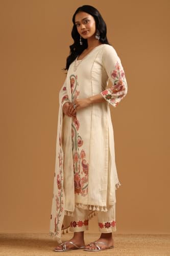 Soch Womens Off White Cotton Botanical Embroidered Salwar Suit