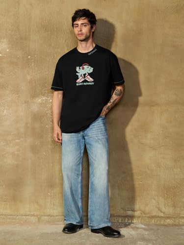 The Souled Store Oversized T-Shirt: Reject Authority Men and Boys Short Sleeves Round Neck Black Embellished Casual Lightweight Drop Shoulder Streetwear Trendy Oversized T-Shirts