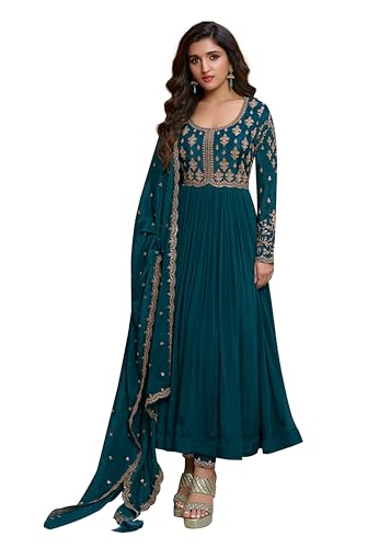 TRENDMALLS Women's Silk Blend Embroidery Anarkali Kurta Pant Set with Dupatta (G334-Morpeach-XXL-)