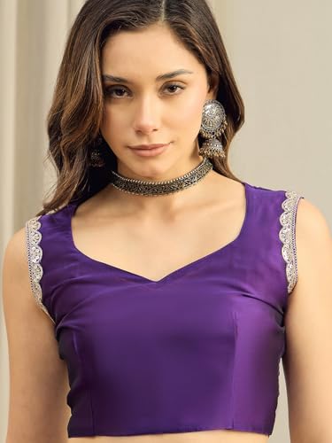 AKHILAM Women's Purple Pure Georgette Embroidered Ready To Wear one Minute Saree With Unstitched Blouse Piece (RTWRADHA1601_RX)