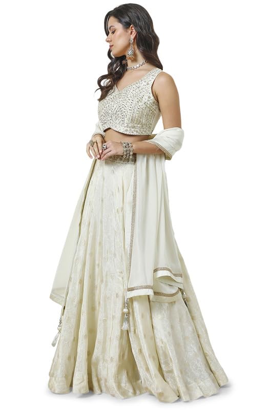 Soch Womens Off White Brocade Embroidered Leheng Set With Mirror Work