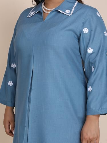 Bani Women Plus Size Blue Embroidered Co-ord Set with Collared Neck and Side Slit Pants | 2 Pec Out Fit Dress | Outerwear Dress