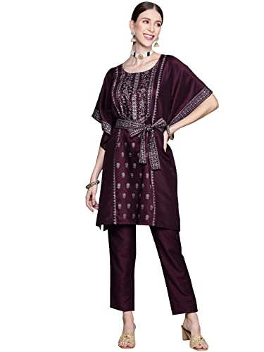 Ziyaa Women's Burgundy Chinon Flared Kurta and Pant Set(ZIKUCH3800ANDPA-XXL)