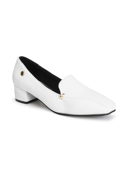 Carlton London Women White Stylish Slip-on Pump Shoes with Block Heels, Square Toe for Party, Office and Daily Use (38)