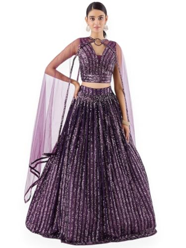 Zeel Clothing Women's Sequins Embroidered Soft Net Semi Stitched Lehenga Choli With Dupatta (5069-Purple-Wedding-Stylish-Lehenga-Choli; Free Size)