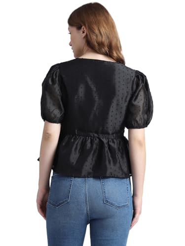 ONLY Women Self Design Cotton Black Peplum Top