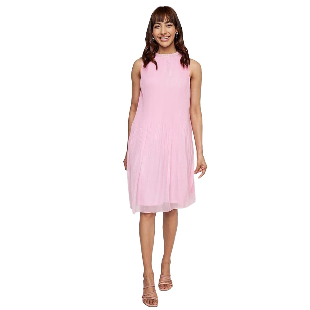 AND Women's Polyester Trapese Calf Length Dress (FW22AJ043DRPL_Pink_S)