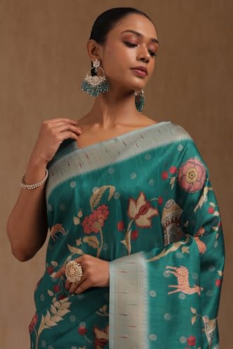 Soch Womens Teal Tussar Floral Print Saree