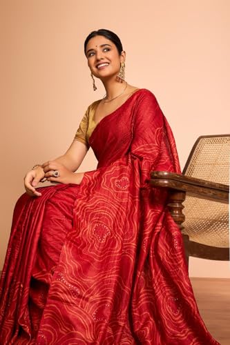 Taneira Women Red Batik Pure Tussar Silk Bengal Saree with Unstitched Blouse Piece (SAIH01AC2160-Red)