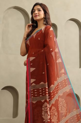 Soch Womens Rust Cotton Jamdani Woven Saree