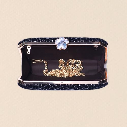 Artklim Black Based Sequins Embroidery Fabric Clutch Bag For Women With Detachable Chain