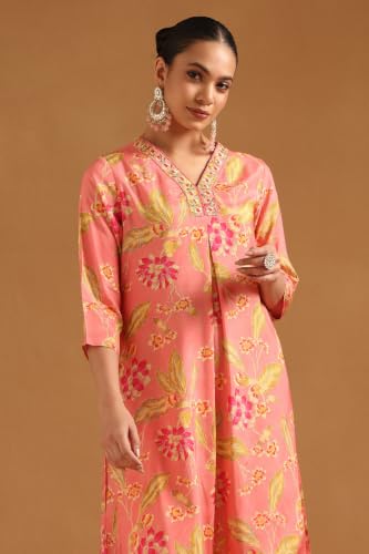 Soch Womens Peach Viscose Botanical Embroidered Co-Ords Set