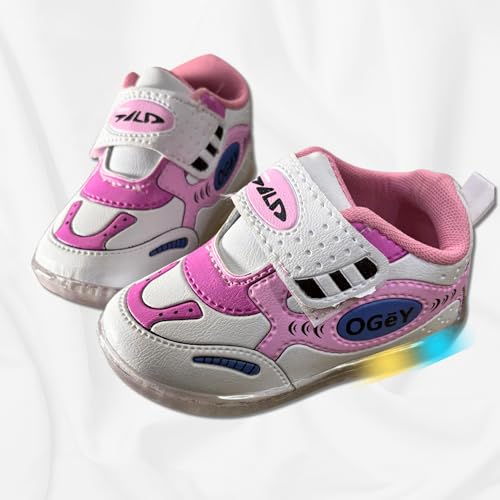 Gigahertz Light-Up Toddler Sneakers for Girls – Pink & White LED Shoes with Velcro Strap | Comfortable Non-Slip Kids Running Shoes (PINK, UK Footwear Size System, Toddler, Age Range, Medium, 6 Months, 9 Months)