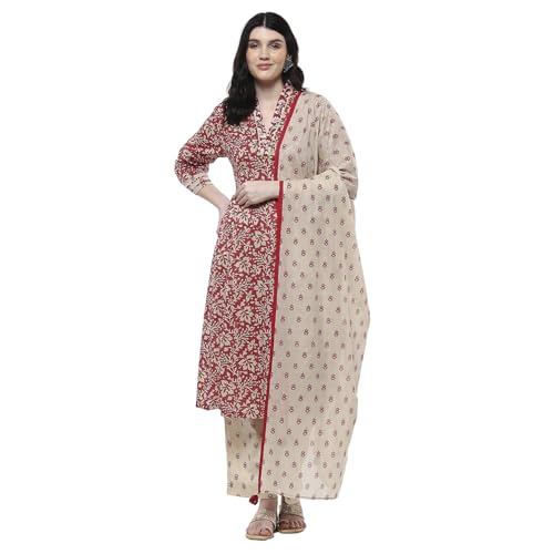 Biba Women Red Cotton Printed Gathered Suit Set_46
