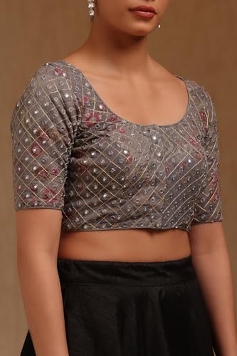 Soch Womens Grey Georgette Embroidered Padded Blouse with Faux Mirror