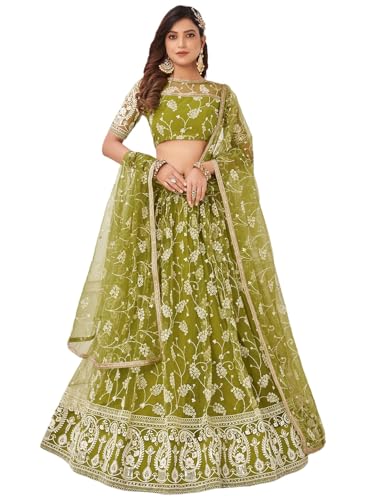 Zeel Clothing Women Embroidered Soft Net Semi-Stitched Lehenga Choli With Dupatta (2126-Olive-Green-Wedding-Stylish-Latest; Free Size)