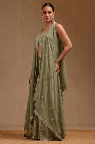 Soch Womens Sap Green Georgette Embroidered Co-Ord Set With Mirror Work