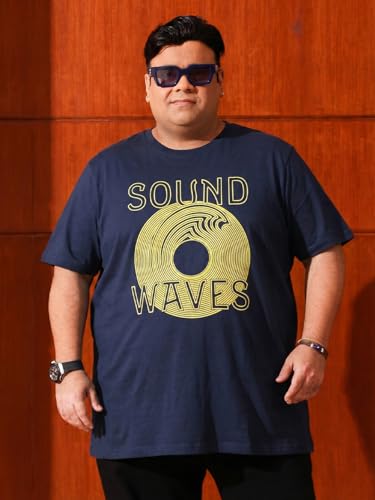 Bigbanana Men Plus Size Printed Navy Round Neck Tshirt (Frequency,Navy,7XL)