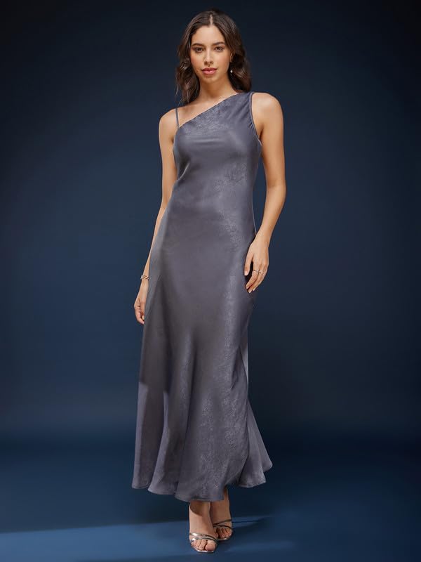 FableStreet Women Satin One Shoulder Slip Dress - Grey (FSDR1107GREY-S), Knee-Length