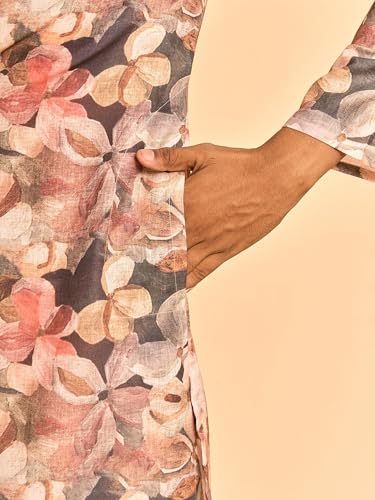 DIWAS BY MANYAVAR Men's Cotton Blend Abstract Floral Print Casual Kurta Set (Brown,M)
