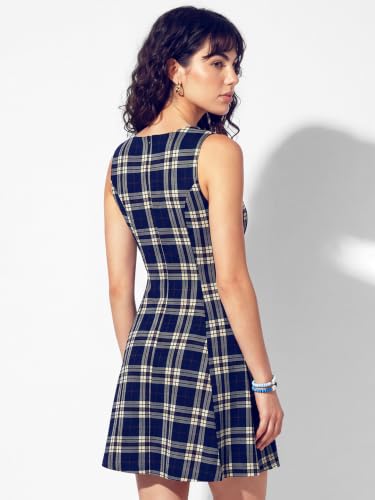 Max Women Plaid Fit & Flare Dress (Blue_XL)