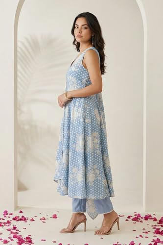 W for Woman Blue Floral Printed Lace Chanderi Sleeveless A-line Kurta with Straight Pants and Dupatta Set - (WS14081-127218-XL)