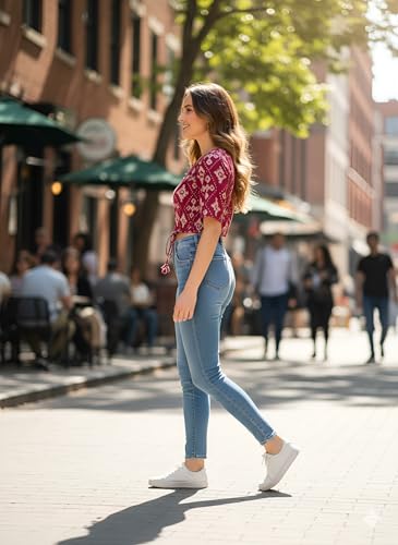 Yash Gallery Women’s Cotton Printed Blouse Round Neck Half Sleeve with Side Bob Elastic (Maroon)