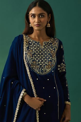 Wishful Women's Blue Embroidered Velvet Anarkali Kurta with Salwar and Dupatta Set - (SP12854-223811-L)