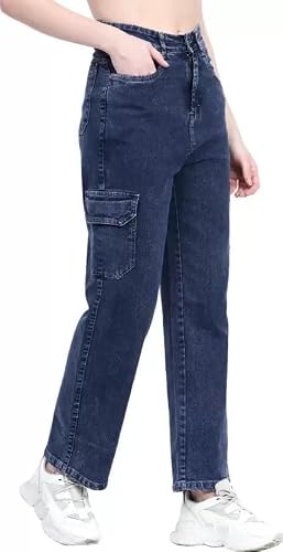 Masrat Collection Womens Denim Cargo Style Wide Leg Jeans |Blue, Size 32